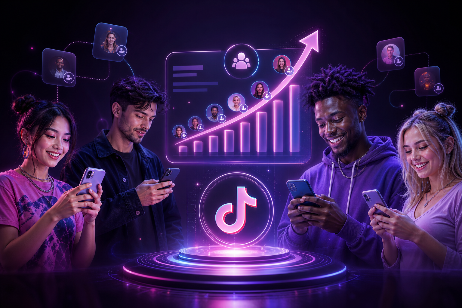 Premium TikTok followers growth visual showing creators and rising audience metrics on a modern dashboard