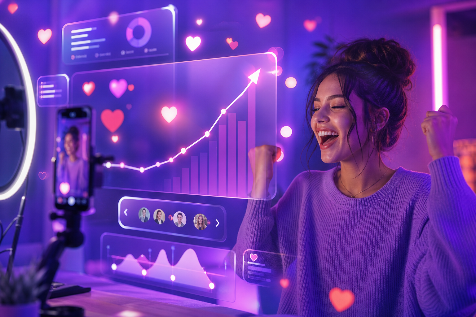 Premium TikTok likes growth visual with engagement hearts and viral post metrics on a glass interface