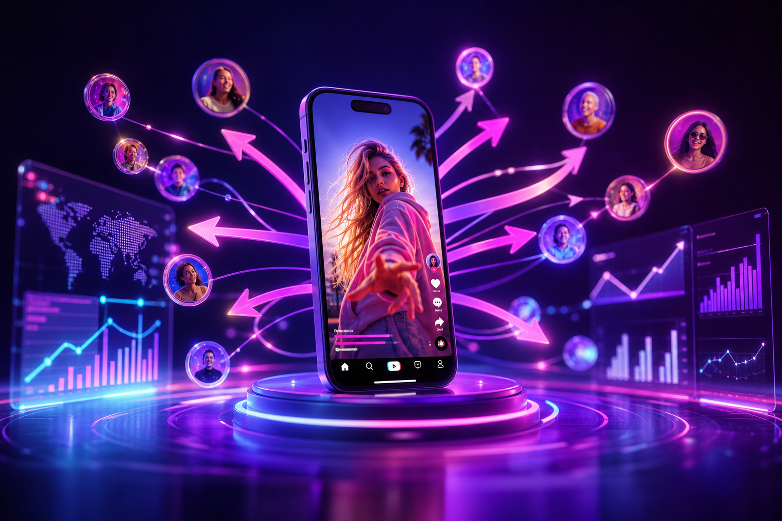 Professional TikTok shares and viral reach visual with premium SaaS growth analytics and distribution network