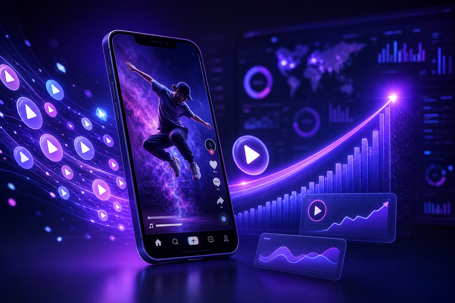 Premium TikTok views growth visual showing viral video play counts and analytics on a smartphone